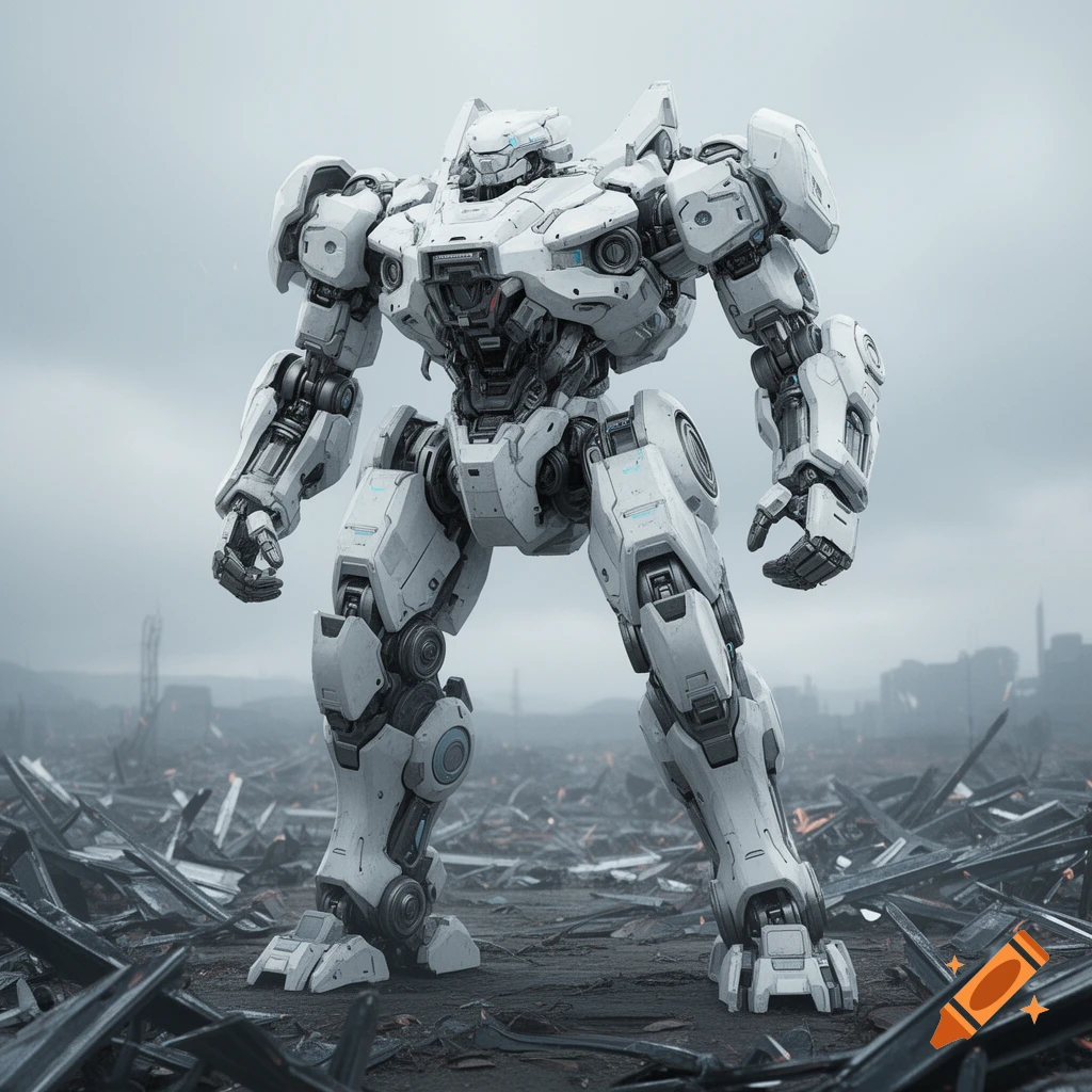 A white mecha warbot with intricate modular parts stands amidst a debris-strewn, ruined landscape under an overcast sky.