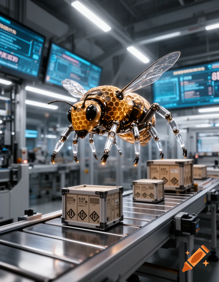 A detailed metallic and golden robotic bee with transparent wings hovers above a conveyor belt moving packages in a modern factory setting.