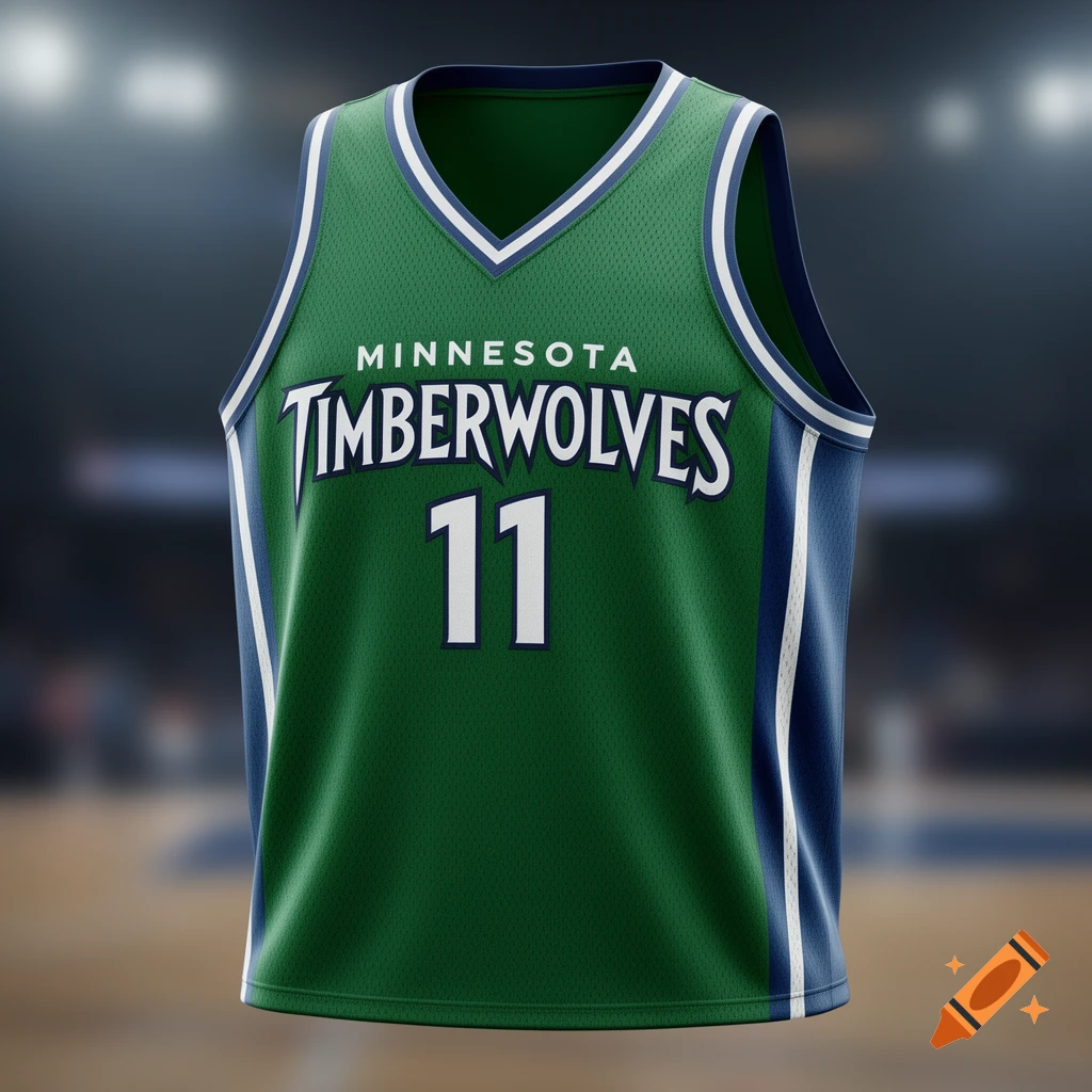 A green Minnesota Timberwolves basketball jersey with "MINNESOTA TIMBERWOLVES" and number "11" in white, against a blurred court.