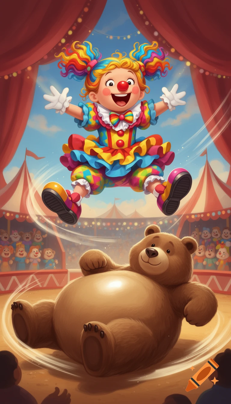 Vibrant cartoon illustration of a joyful clown girl with rainbow pigtails jumping high above a large, bouncy bear lying on its back in a circus tent.