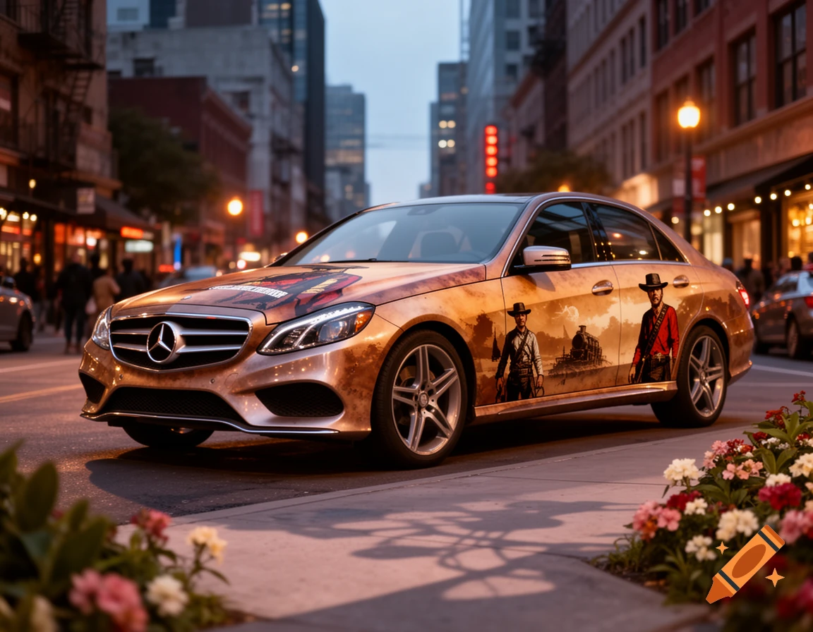 A Mercedes-Benz W212 sedan wrapped with Red Dead Redemption 2 artwork, featuring cowboys and a train, parked on a city street at dusk.