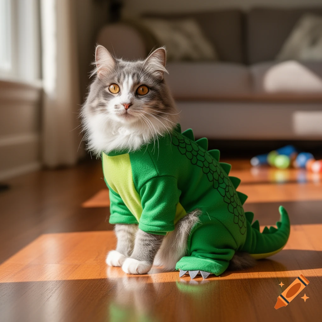 A fluffy grey and white cat wearing a green dinosaur costume sits on a wooden floor in a sunny room.