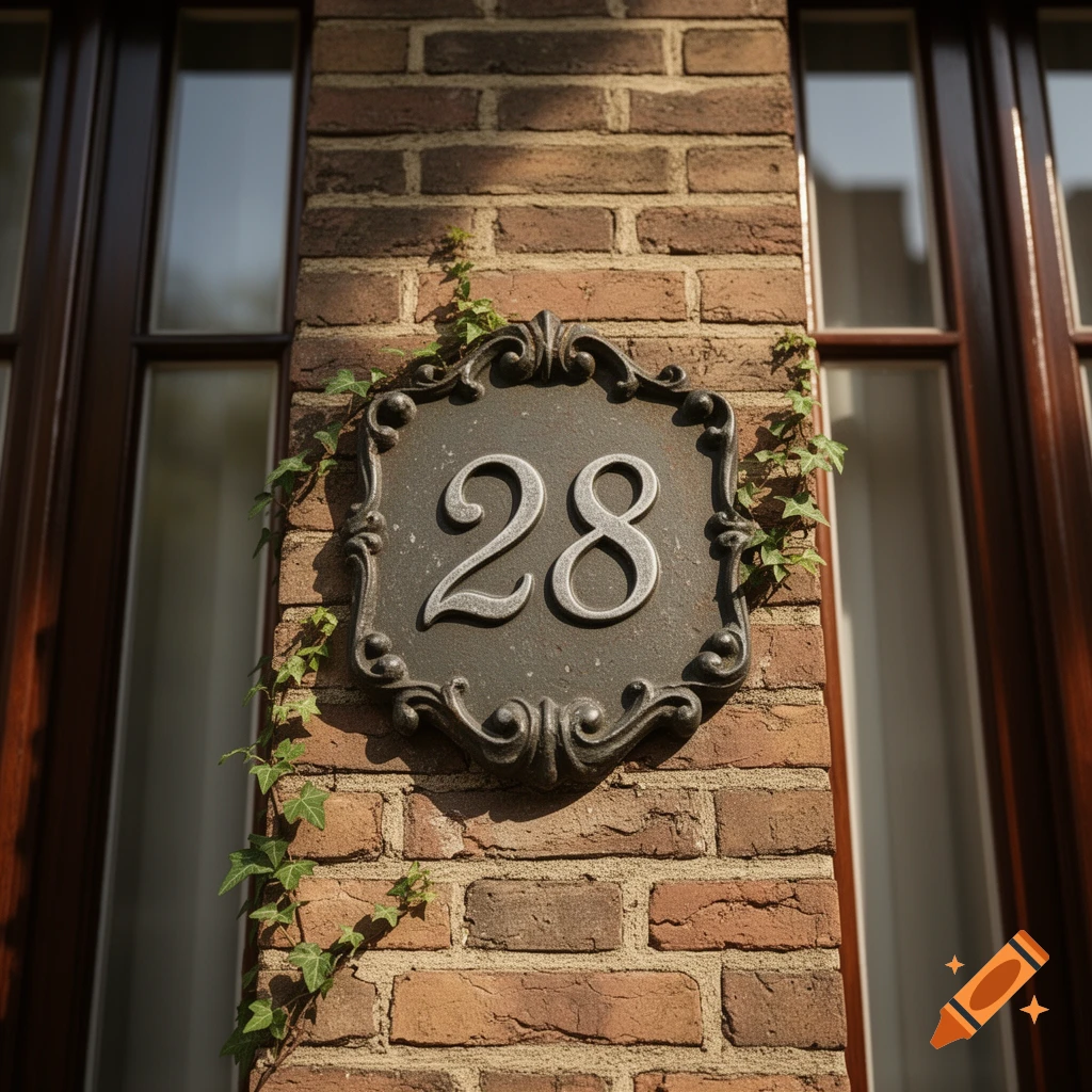 A black ornate plaque with the silver number 28 affixed to a brick wall with ivy, next to a window.