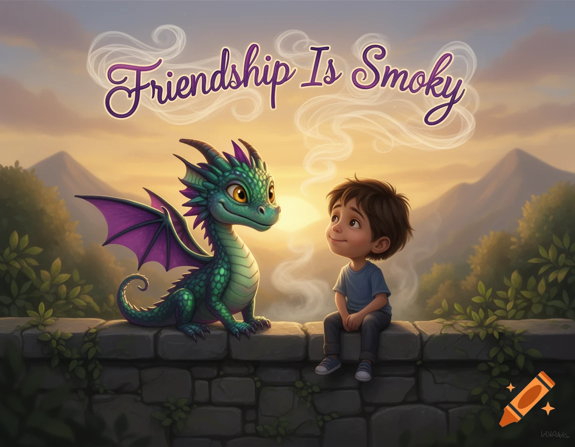 A cartoon boy and a green dragon sit on a stone wall, looking at each other, with 'Friendship Is Smoky' written above them, against a sunset mountain landscape.