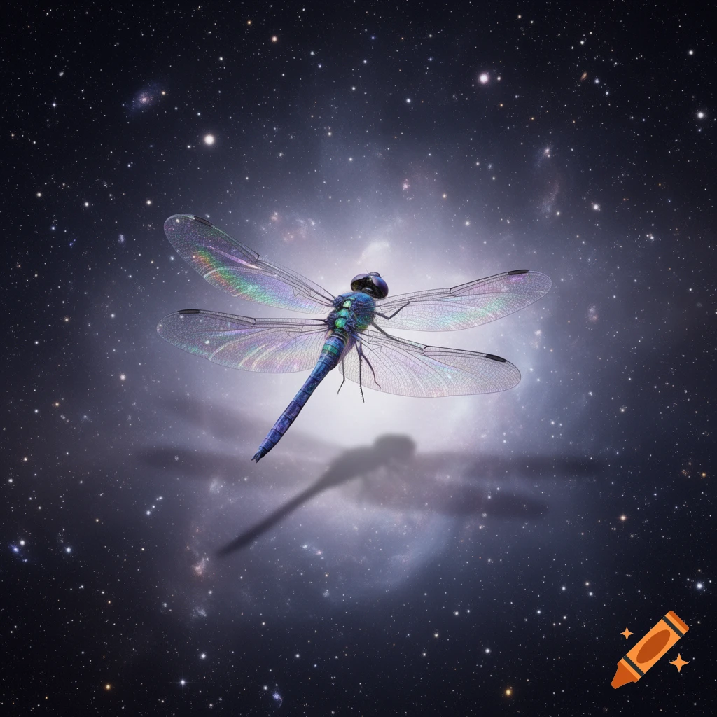 A vibrant, iridescent blue-green dragonfly with shimmering wings flies against a dark, star-filled galaxy with a bright nebula.