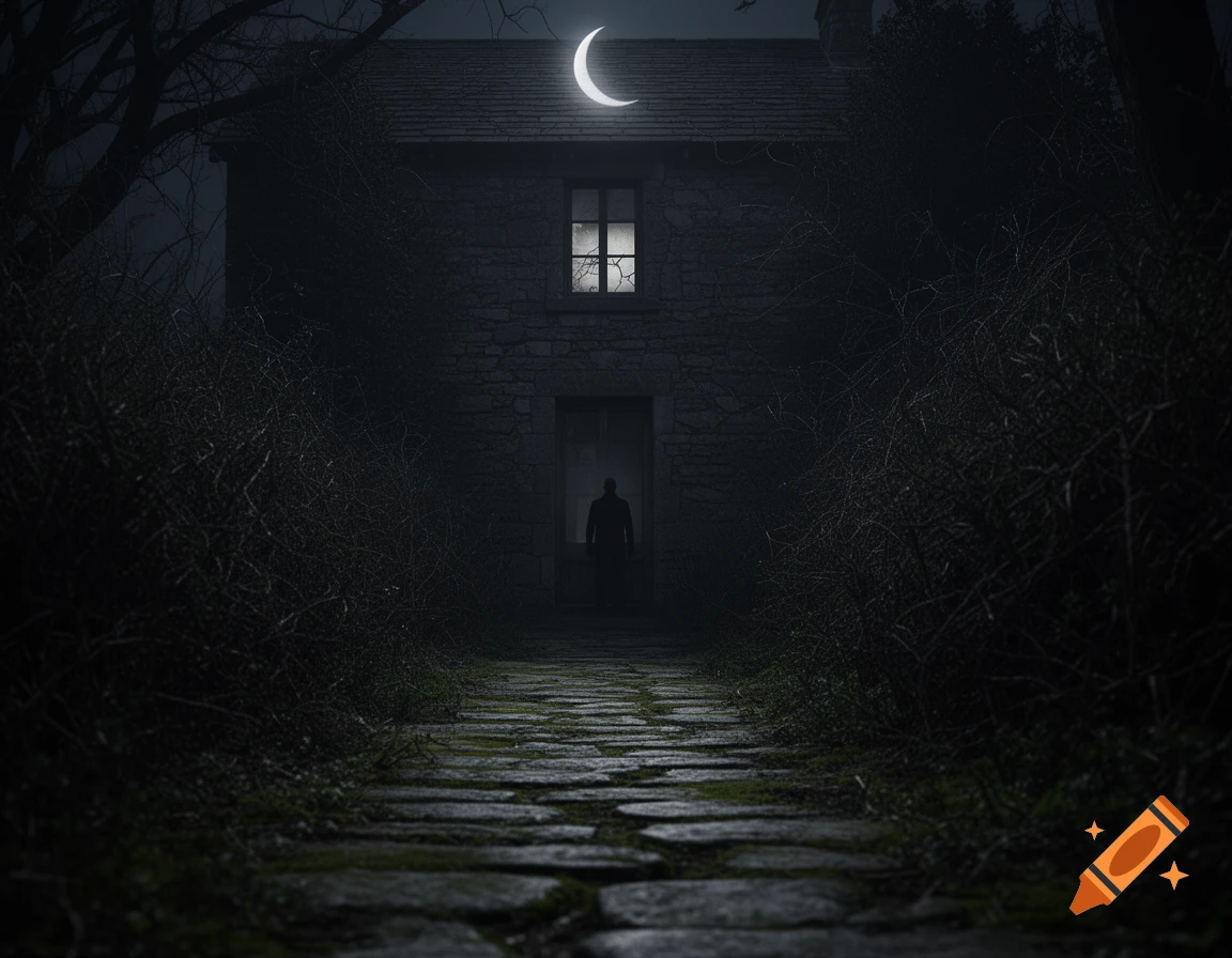 A stone house with a glowing window and a man's silhouette in the doorway, under a crescent moon on a dark, spooky night. A mossy flagstone path leads up to the house.