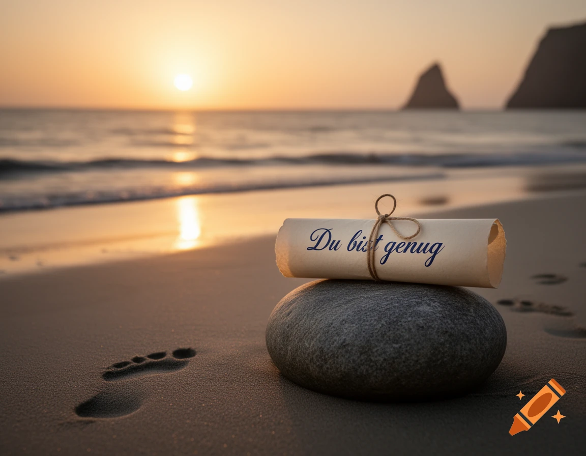Photorealistic image of a scroll with 'Du bist genug' on a stone, on a sandy beach with footprints, at sunset.