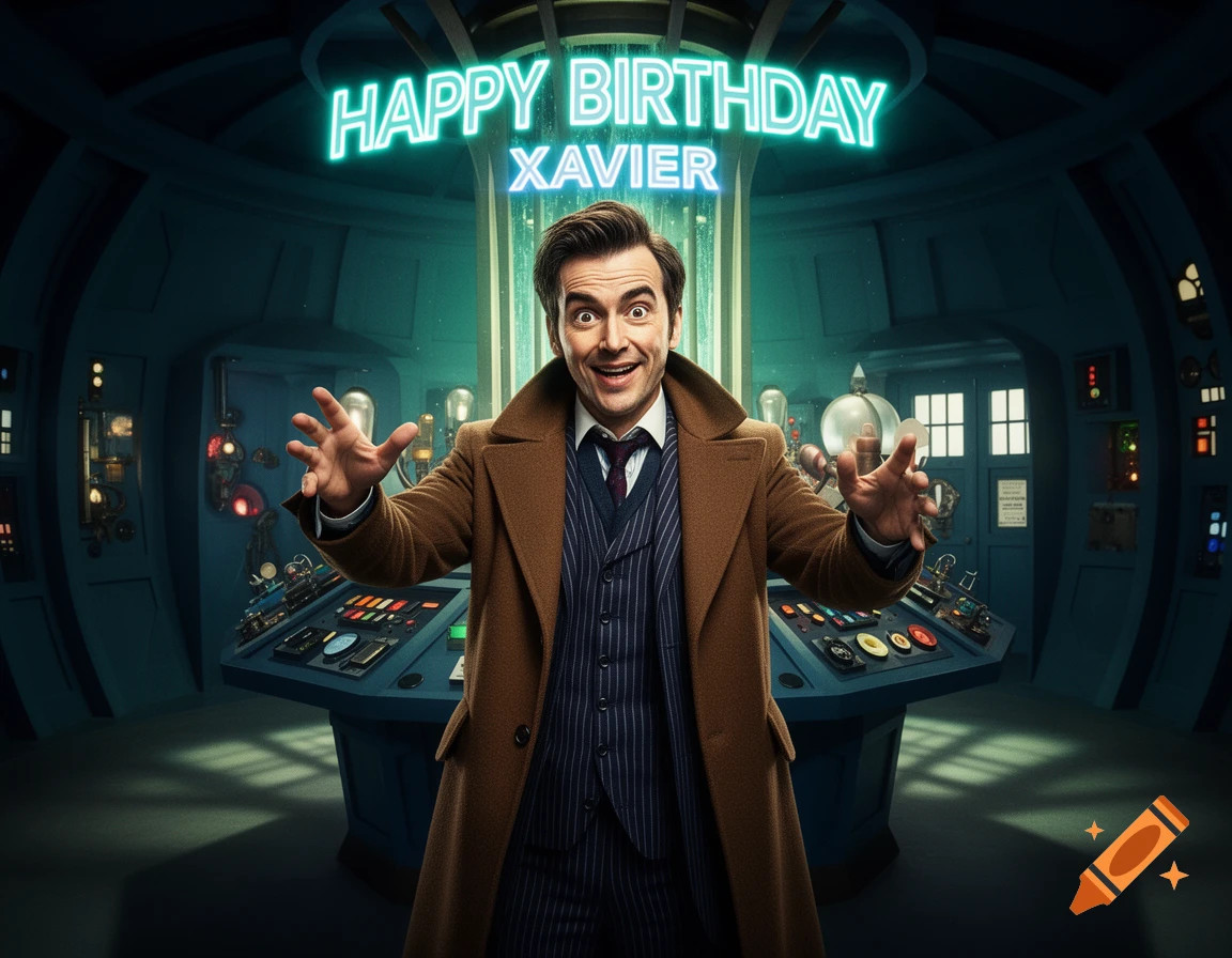 A man resembling David Tennant's Doctor Who in a brown trench coat excitedly gestures in a sci-fi console room with neon 'HAPPY BIRTHDAY XAVIER' text.