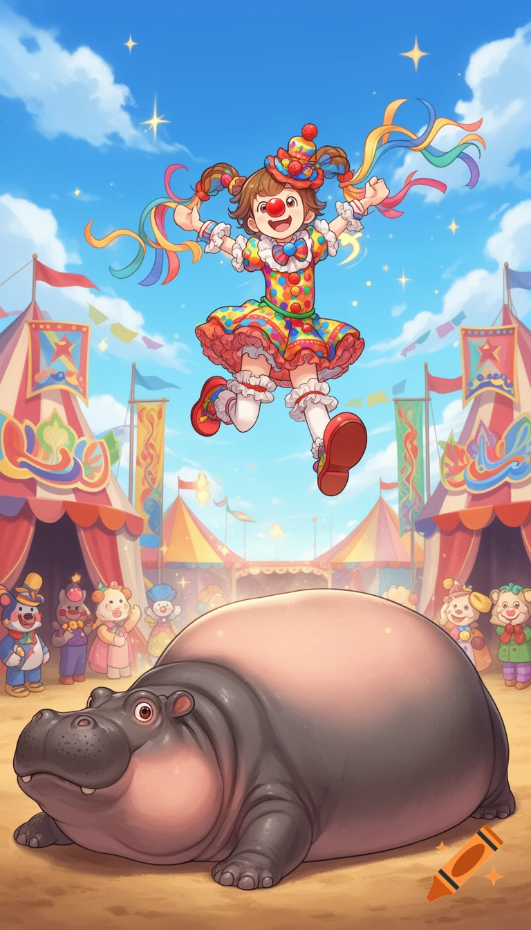 A cheerful cartoon clown girl in a colorful costume jumps over a large, adorable hippo in a vibrant circus.