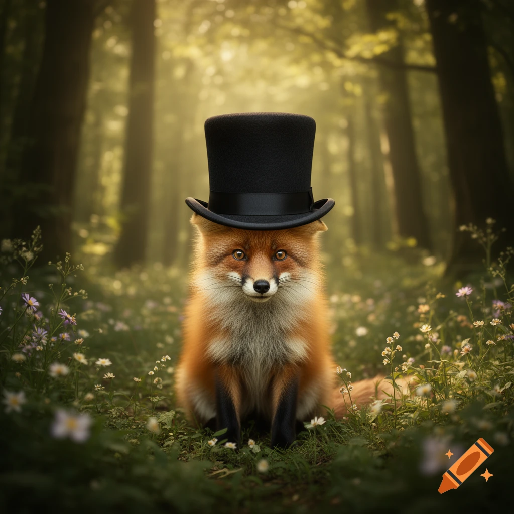 A cute, fluffy fox wearing a black top hat sits in a dappled forest clearing with wildflowers, photorealistic.