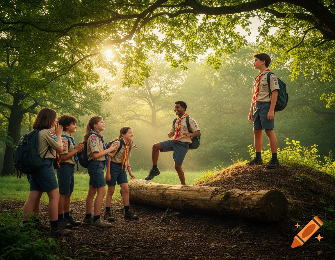 A diverse group of young scouts, wearing uniforms and backpacks, are actively exploring a sun-dappled forest, with some stepping on a log and a dirt mound.