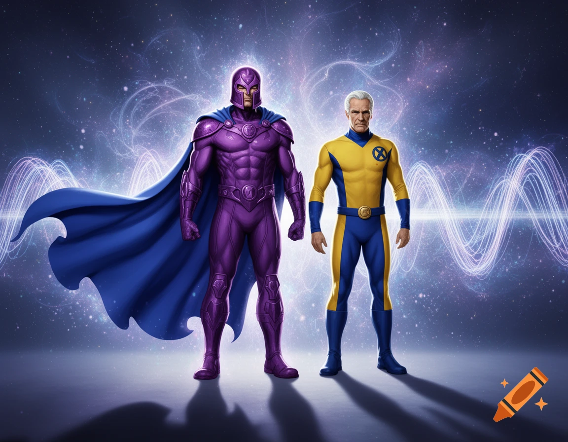 Magneto in a purple costume with a blue cape and Professor X in a yellow and blue X-Men uniform stand against a cosmic background.