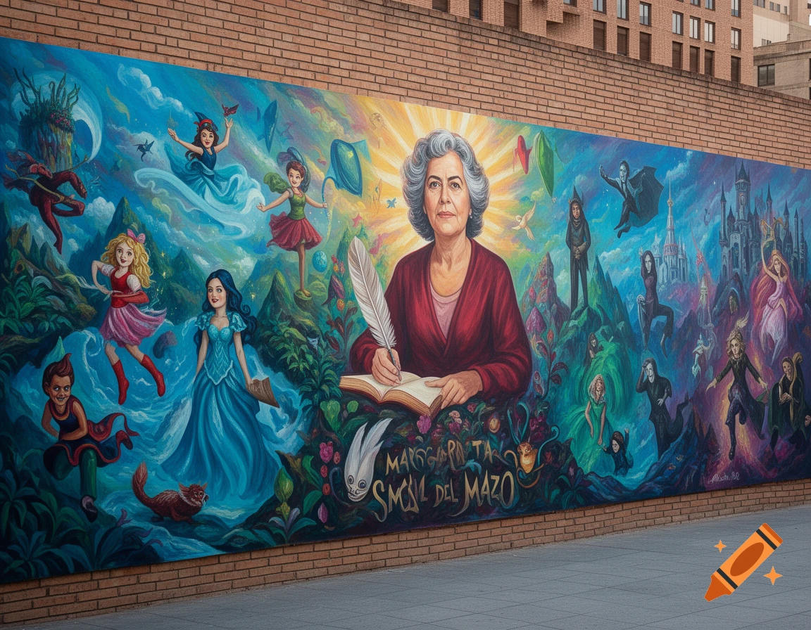 A vibrant street mural depicts an older woman writing in a book, surrounded by colorful fantasy characters, castles, and magical landscapes.