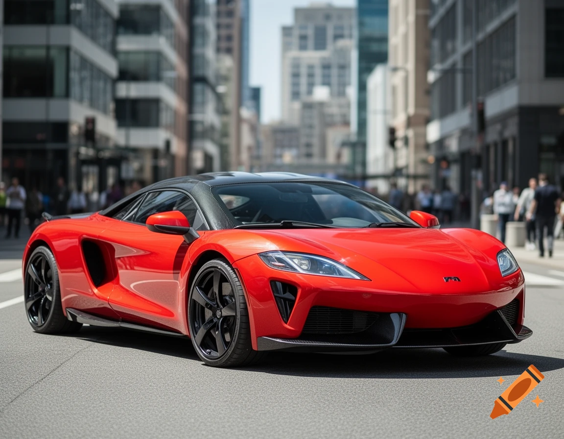 A vibrant red sports car with a black roof drives down a city street lined with tall buildings.