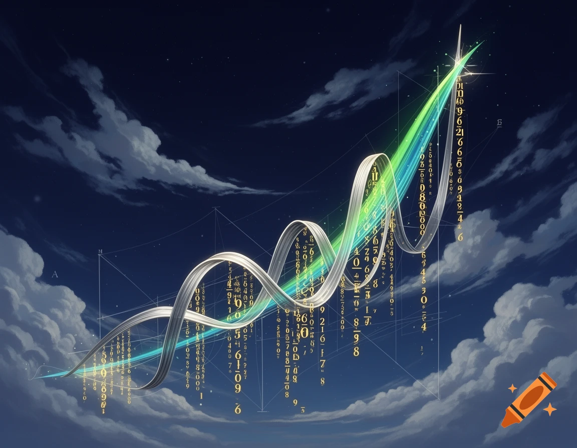 An abstract visualization of an exponential function, with a green and blue upward-trending wavy line against a dark blue, cloudy night sky, with glowing numbers falling and arrayed around the line.