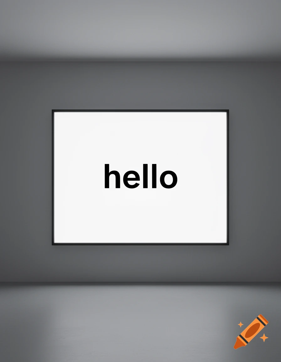 The word "hello" in black text centered on a white screen in a minimalist dark gray room.