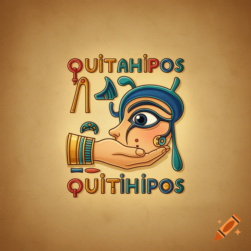 Stylized Egyptian illustration of an eye of Horus face, a hand, and hieroglyph-like symbols with the words QUITAHIPOS and QUITIHIPOS.