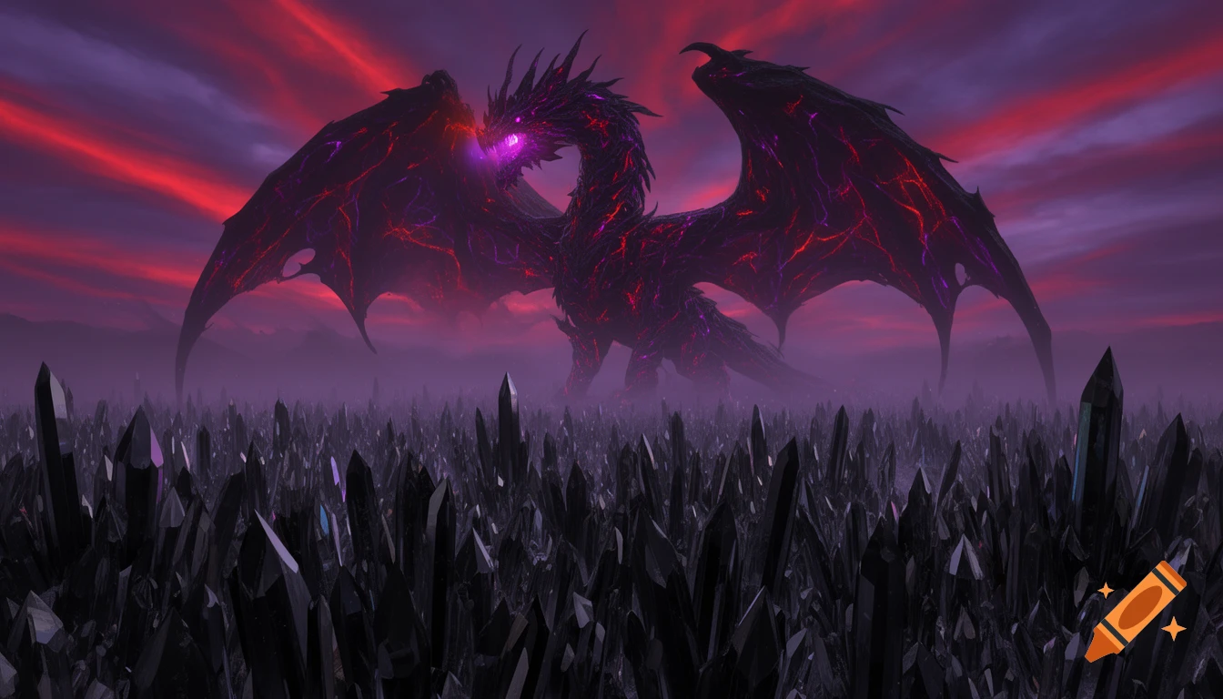 Colossal black dragon with glowing purple eyes and red-veined body stands among sharp black crystals under a red and purple sky.