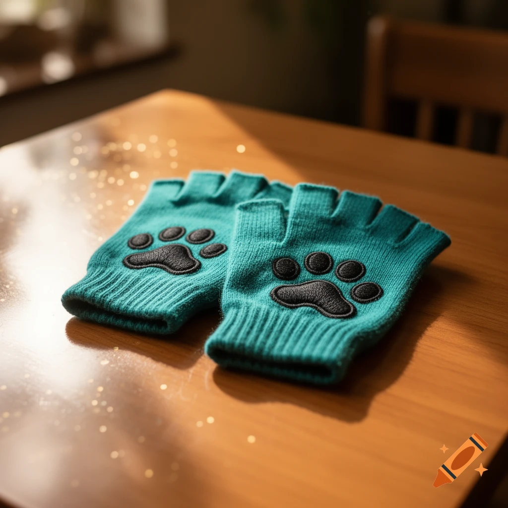 Teal fingerless gloves with black cat paw prints lie on a wooden table in a well-lit, photorealistic style.
