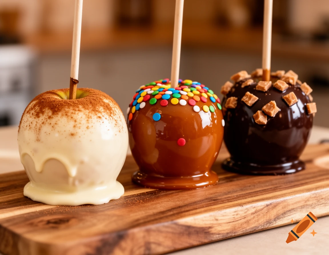 Three caramel apples on a wooden board: white chocolate with cinnamon, milk chocolate with sprinkles, and dark chocolate with toffee bits.