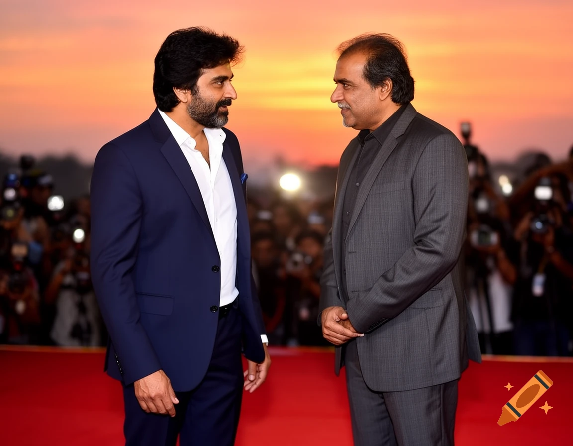 Megastar Chiranjeevi in a blue suit and Telugu actor Rajashekar in a gray suit stand on a red carpet at sunset.