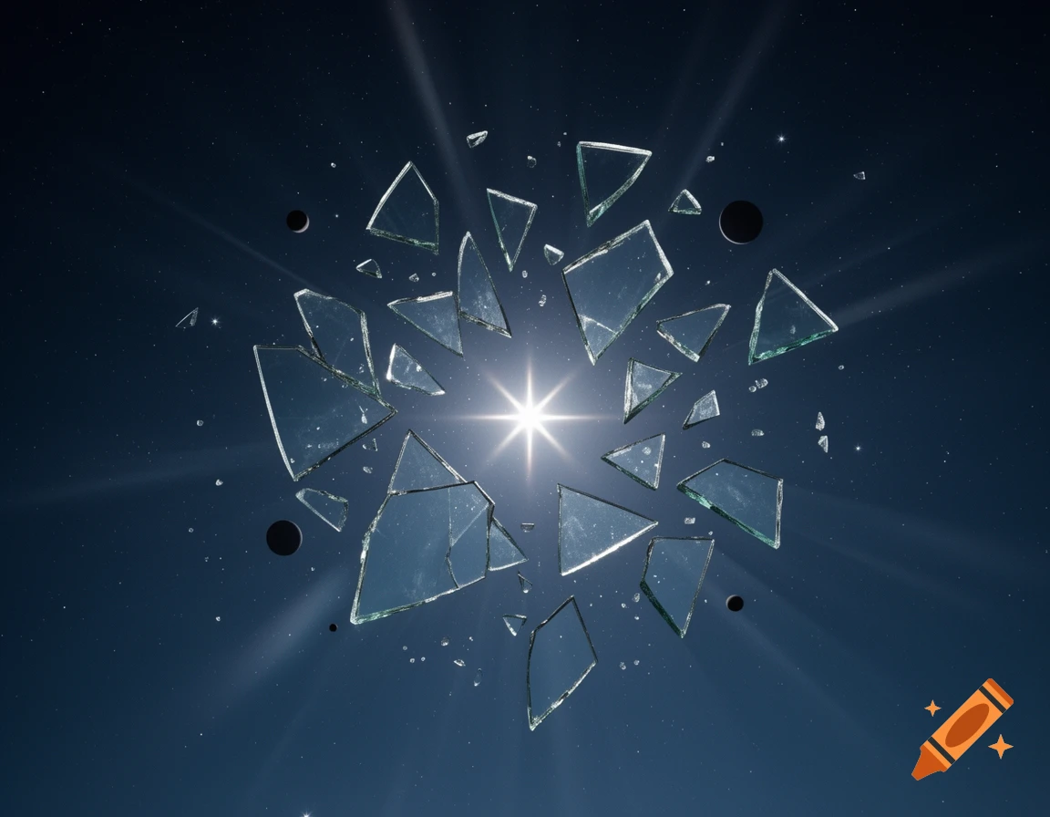 Many shards of shattered glass float in dark space, reflecting a bright, shining star in the center with light rays, against a backdrop of smaller stars.