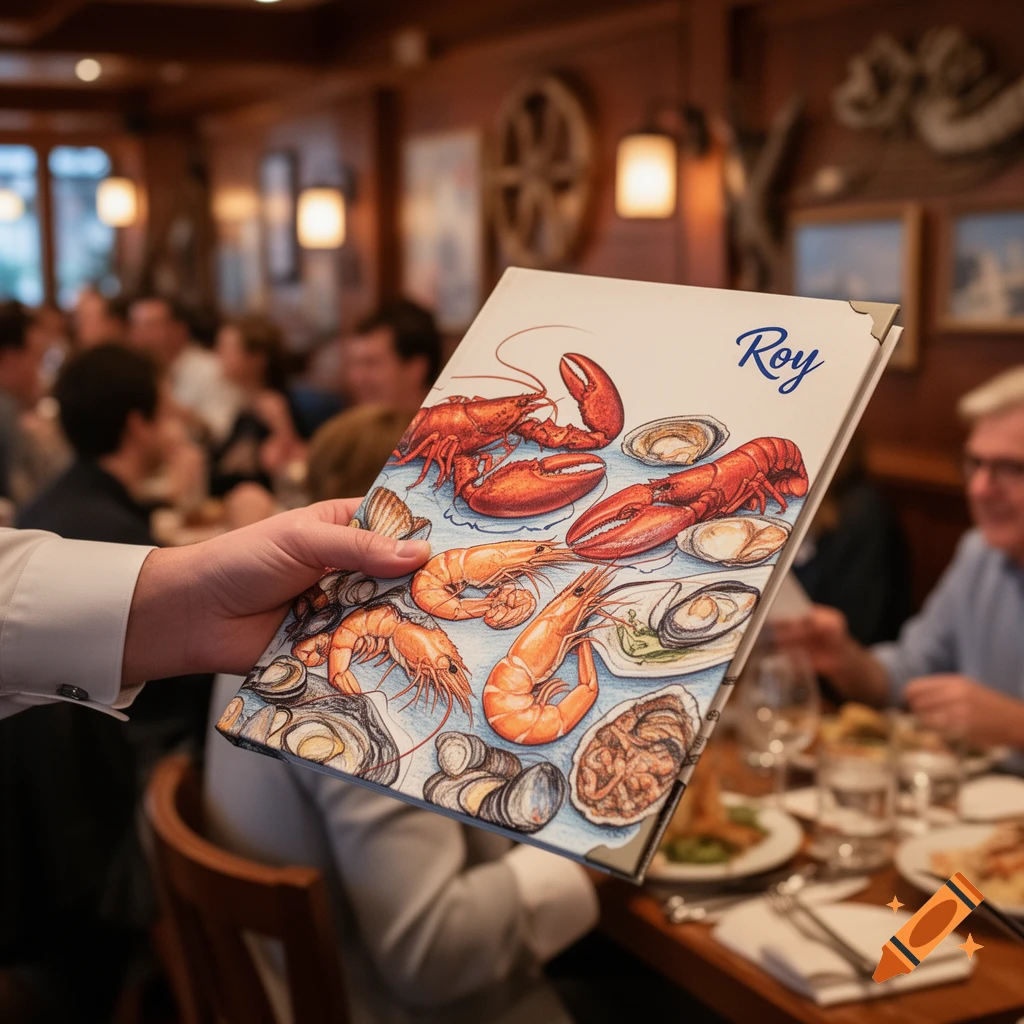 A hand holding a seafood menu with lobsters, shrimp, and oysters illustrated on it, featuring the name "Roy", in a bustling restaurant setting.