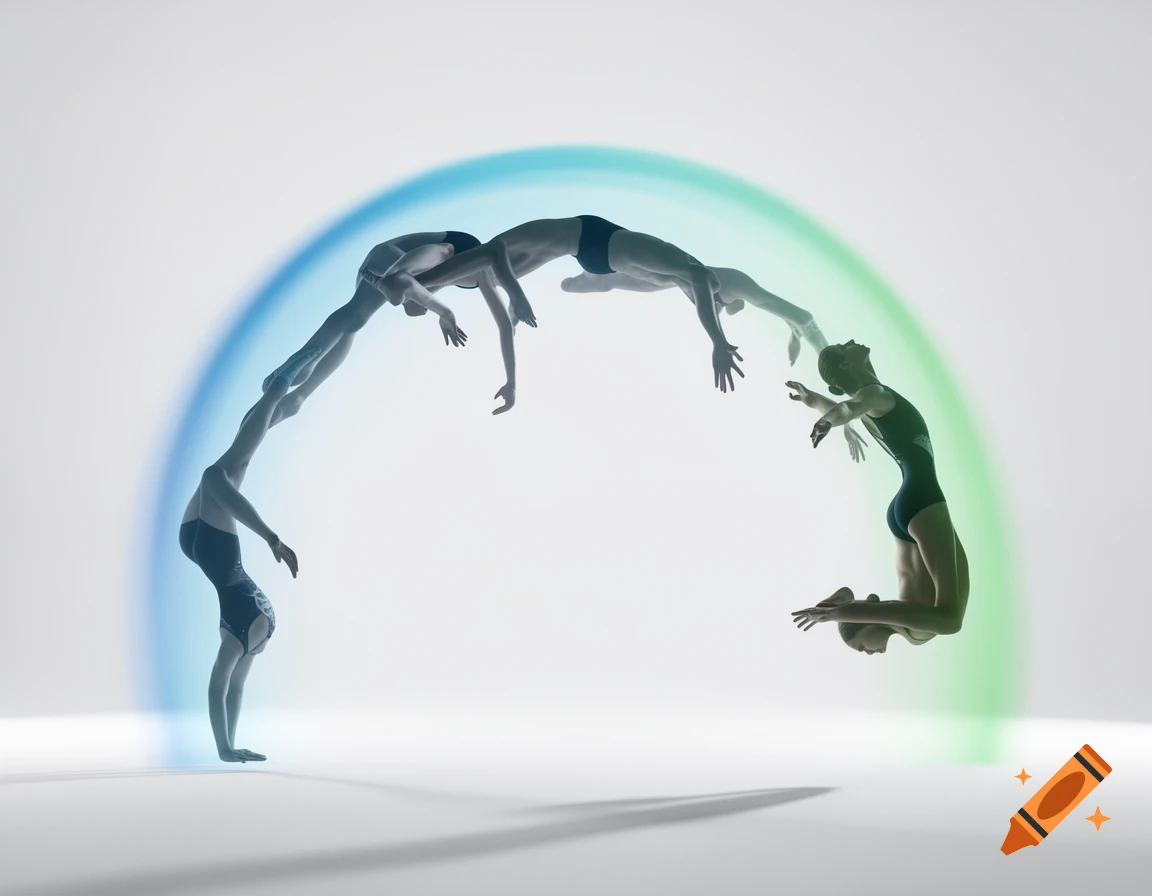 A sequence of translucent figures performing a backflip over a glowing blue and green arc on a white background.