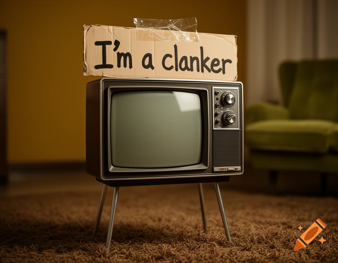 A retro television set on a brown carpet, with a cardboard sign taped to its top reading 'I'm a clanker'.