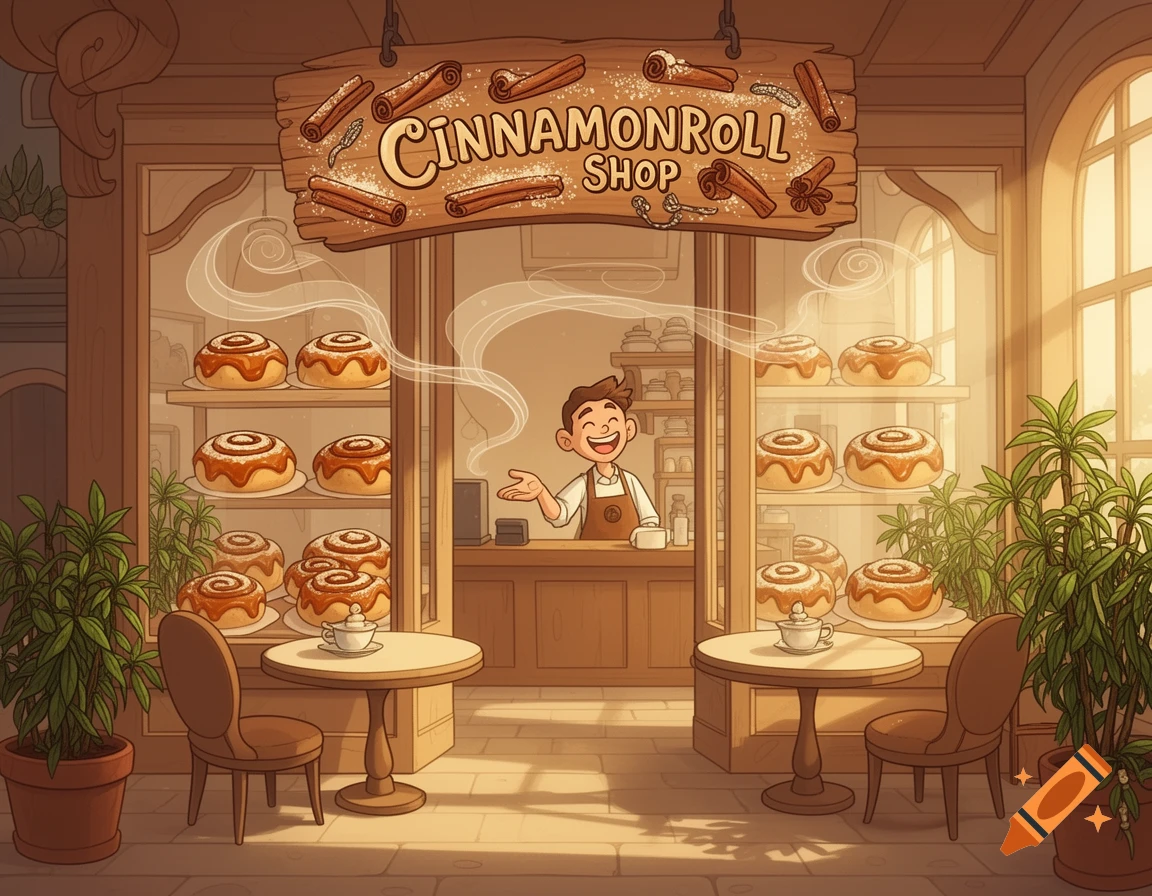 A cozy cartoon cinnamon roll shop with a cheerful baker standing behind the counter, shelves of steaming cinnamon rolls, and outdoor seating.