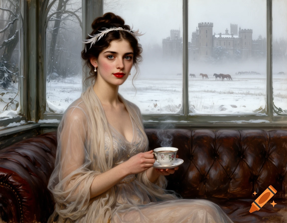 An oil painting of a woman in a sheer gown on a sofa, holding tea, with a snowy castle landscape visible through a conservatory window.