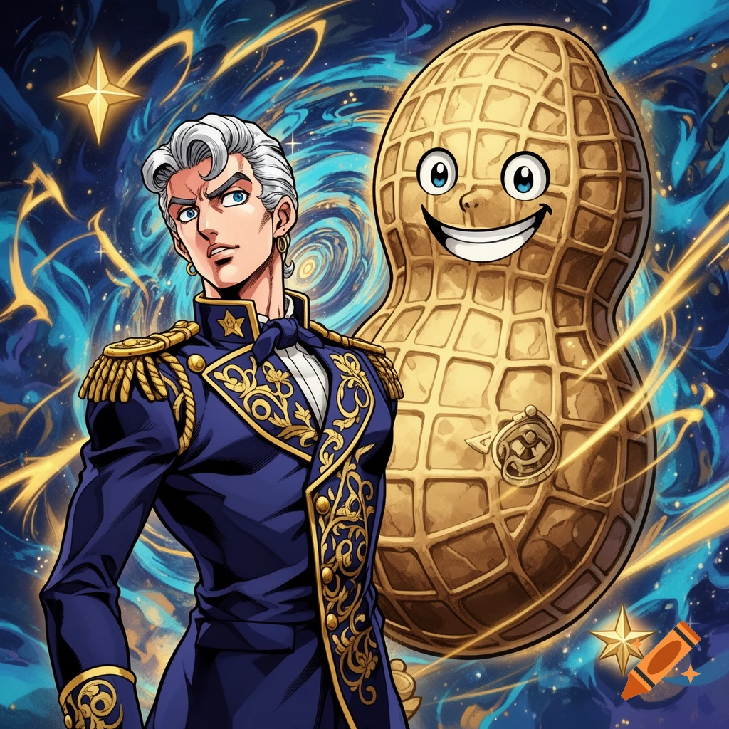Anime-style character in an ornate blue and gold uniform stands next to a giant smiling peanut mascot against a swirling blue and gold cosmic background.