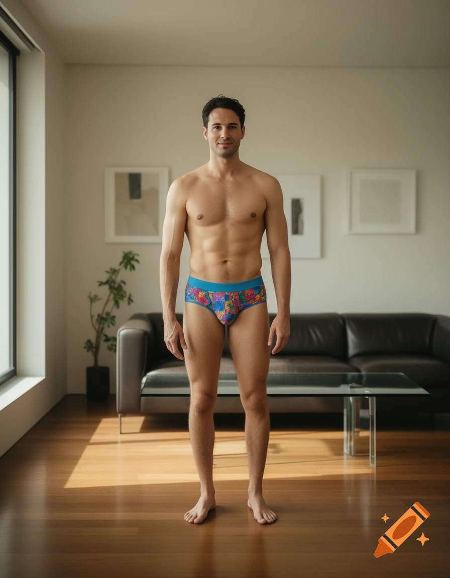 A shirtless man in colorful briefs stands in a modern living room.