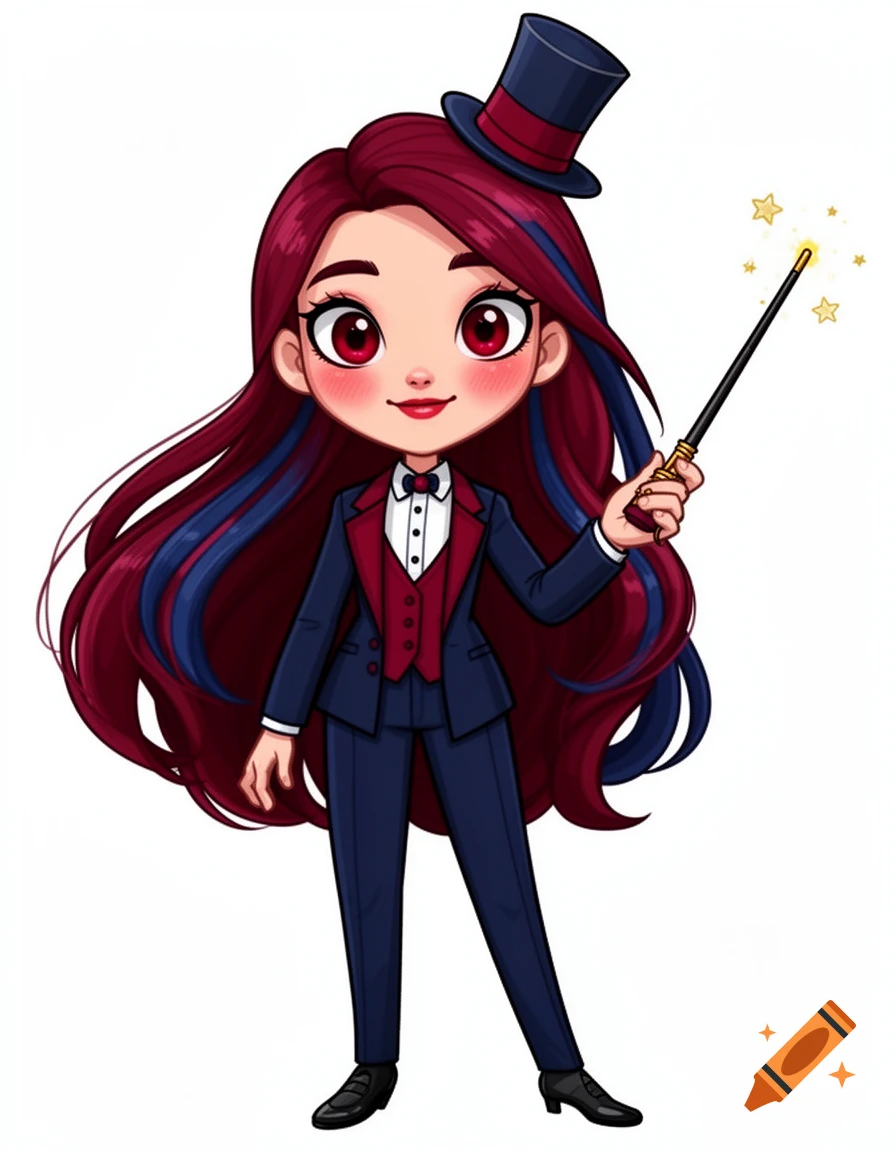 A cartoon girl with long red and blue hair, wearing a navy and red suit and a tiny top hat, holds a magic wand, in an anime style.