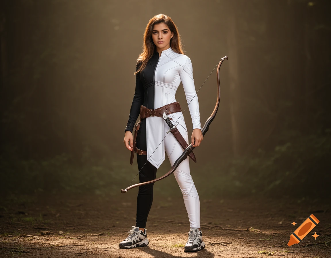 A woman in a black and white split combat suit holds a bow and wears a knife, standing in a sun-dappled forest.