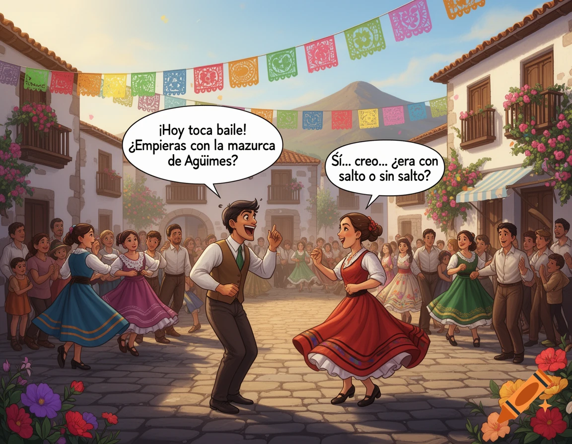 An illustration of people in traditional attire dancing in a festive town square adorned with colorful banners. Two main characters converse in speech bubbles.