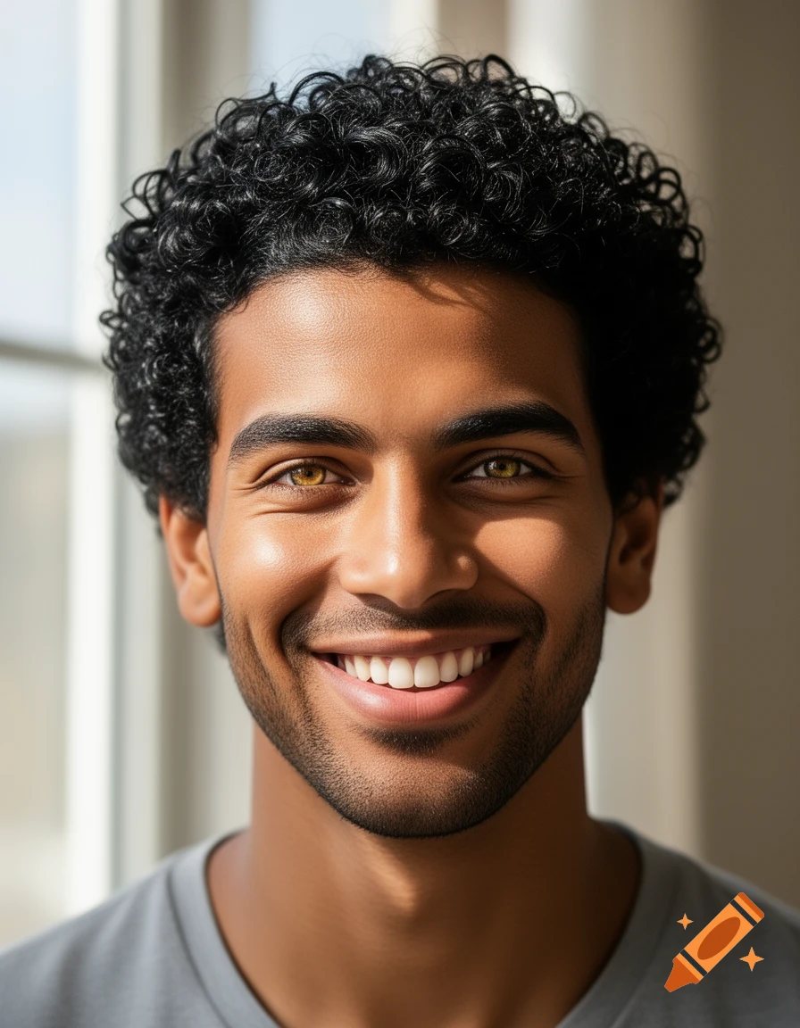 A smiling man with curly black hair, a beard, and hazel eyes looking at the viewer.