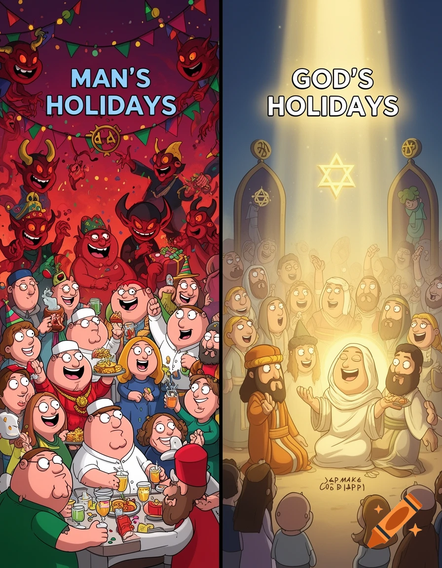 A split image in Family Guy style comparing 'Man's Holidays' with cartoon devils and partygoers to 'God's Holidays' with religious figures and a Star of David.