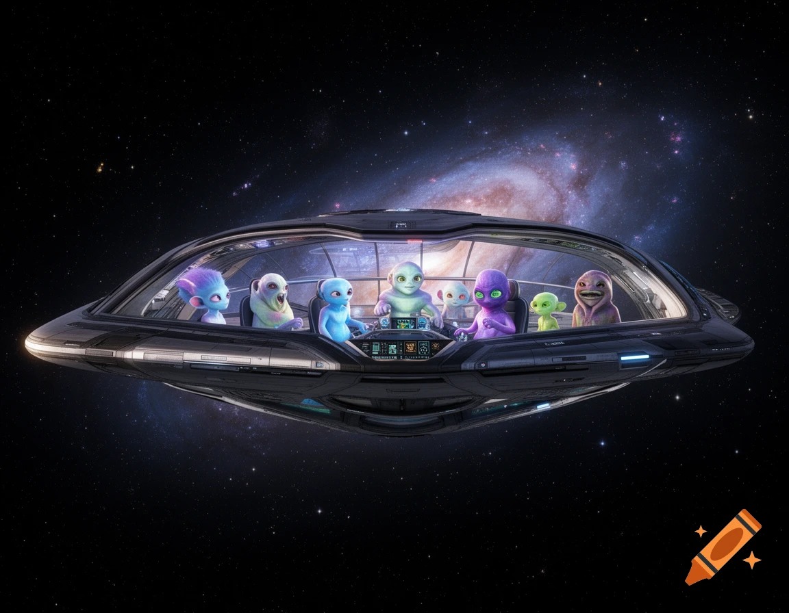 Seven colorful, friendly cartoon aliens pilot a sleek spaceship through deep space with a visible galaxy.