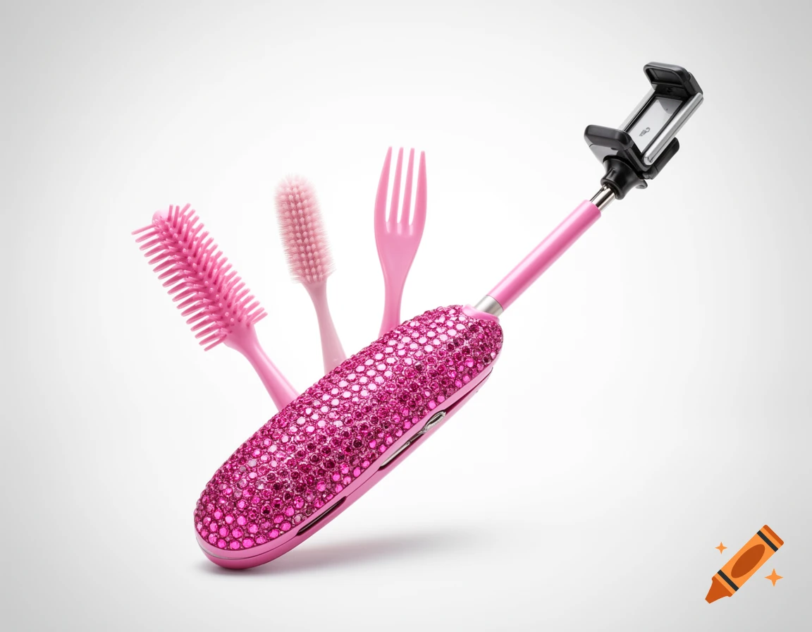 A pink, rhinestone-covered multi-tool with a hairbrush, toothbrush, fork-shaped back scratcher, and a selfie stick.