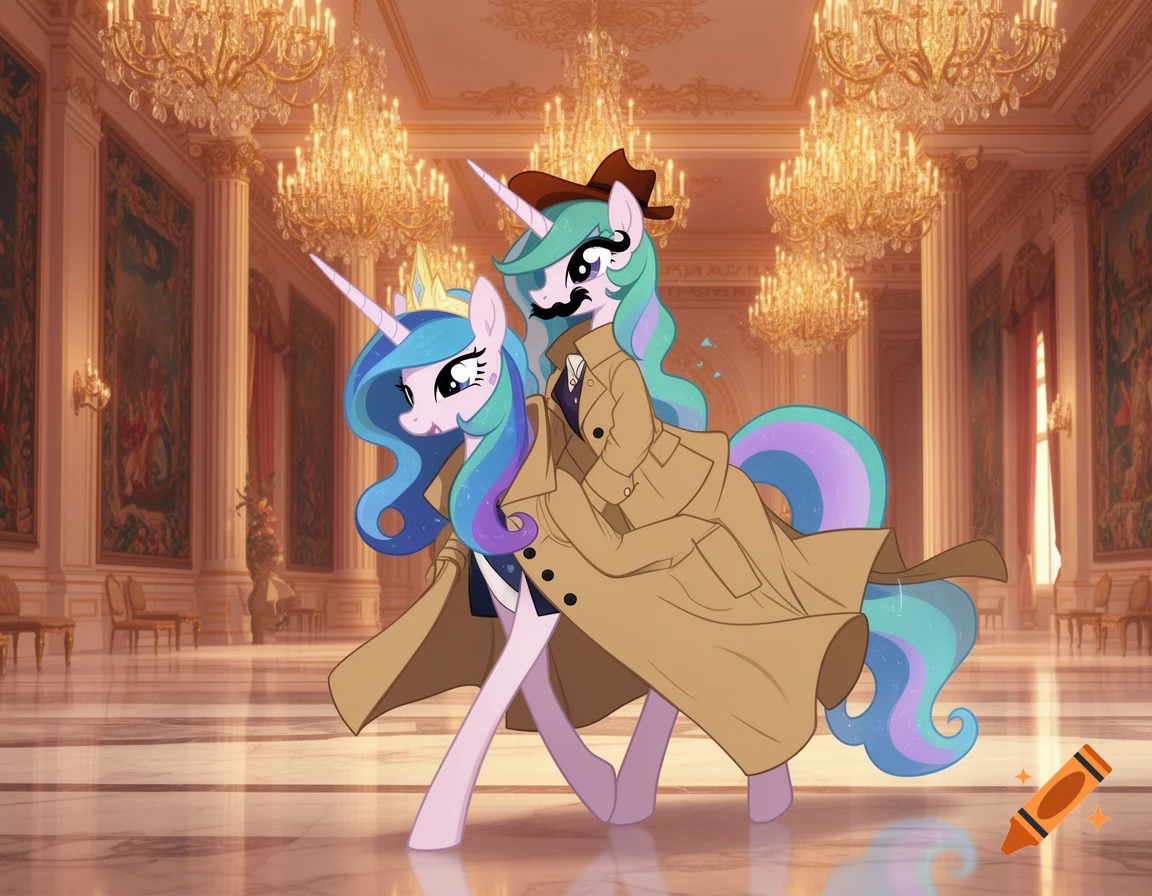Princess Celestia on Princess Luna's shoulders, both hidden under a large trenchcoat, fedora, and fake mustache in a grand ballroom.