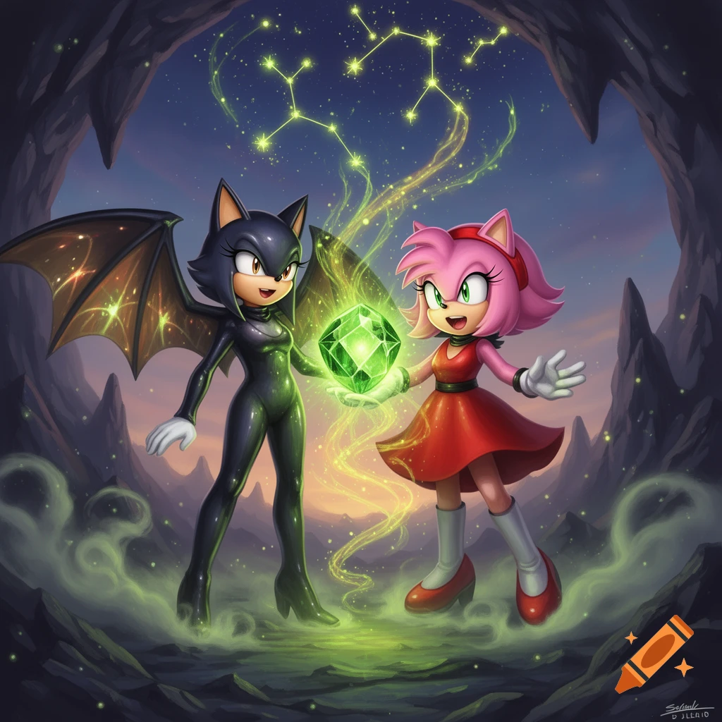 A vibrant illustration of Rouge the Bat and Amy Rose holding a glowing green Chaos Emerald in a mystical cave under starry constellations.
