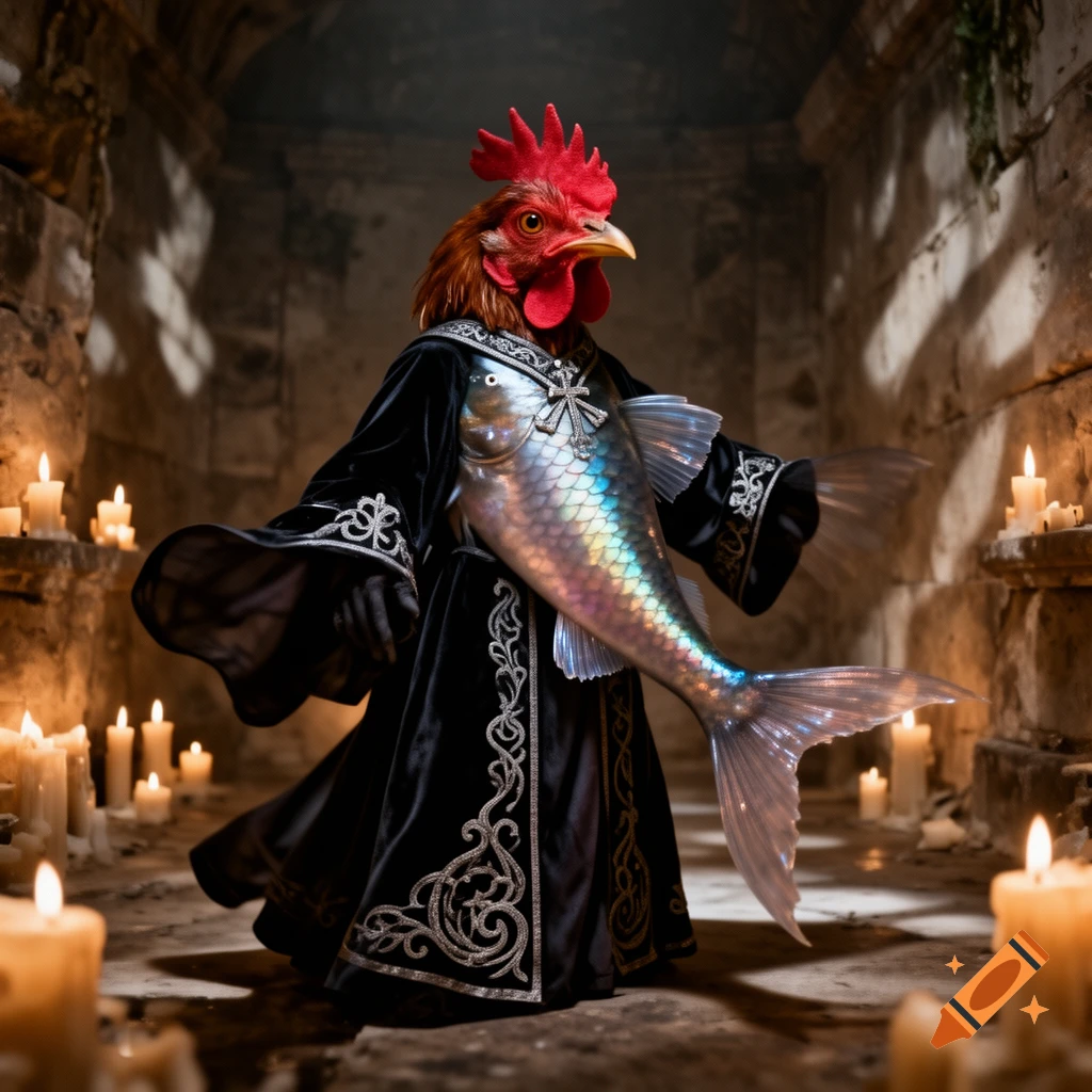 An anthropomorphic chicken-headed figure with a fish body wears ornate cultist robes in a candle-lit stone chamber.