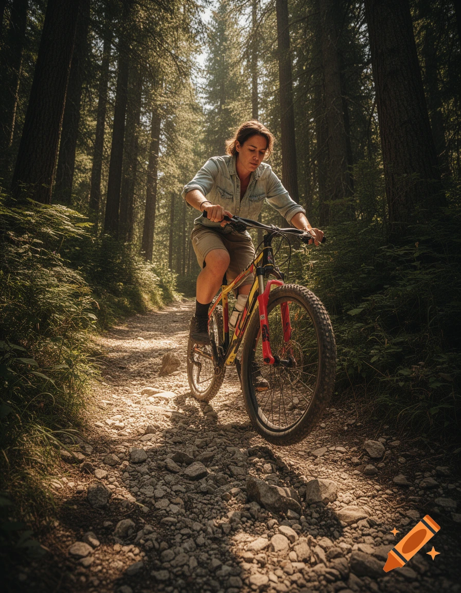 A person rides a mountain bike down a rocky, sun-dappled trail through a dense forest.