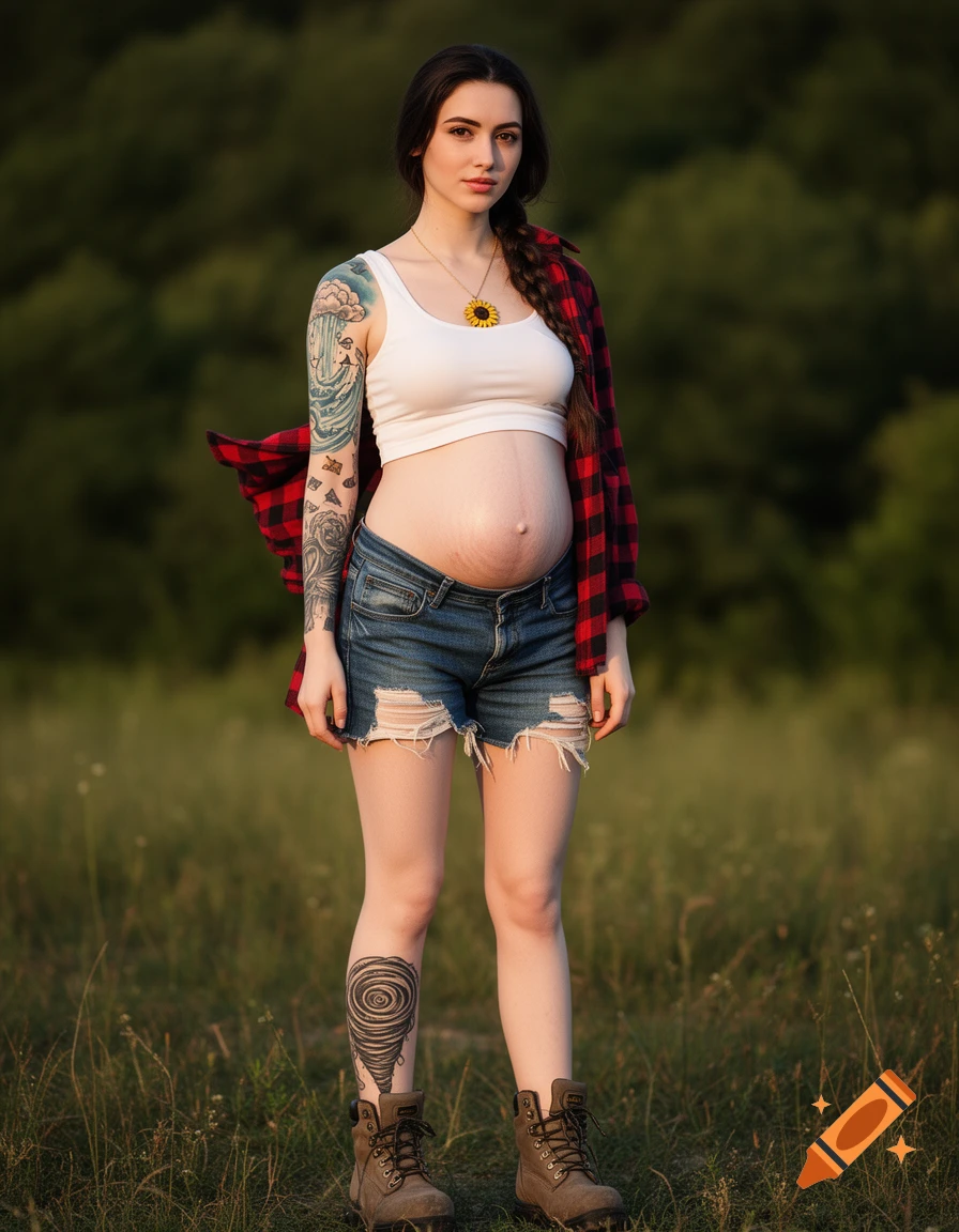 A photorealistic portrait of a pregnant woman with dark hair and tattoos, wearing a white crop top, denim shorts, and a flannel shirt, standing in a grassy field.