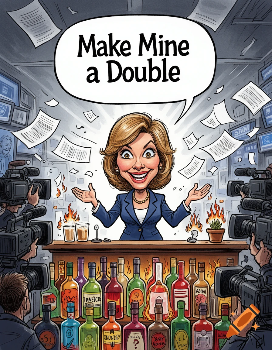 A cartoon political caricature of a smiling woman in a blue suit, identified as Jeanine Pirro, standing behind a bar with many liquor bottles. She gestures with open hands, and a speech bubble above her head reads "Make Mine a Double." Papers fly around, and cameras are pointed at her.