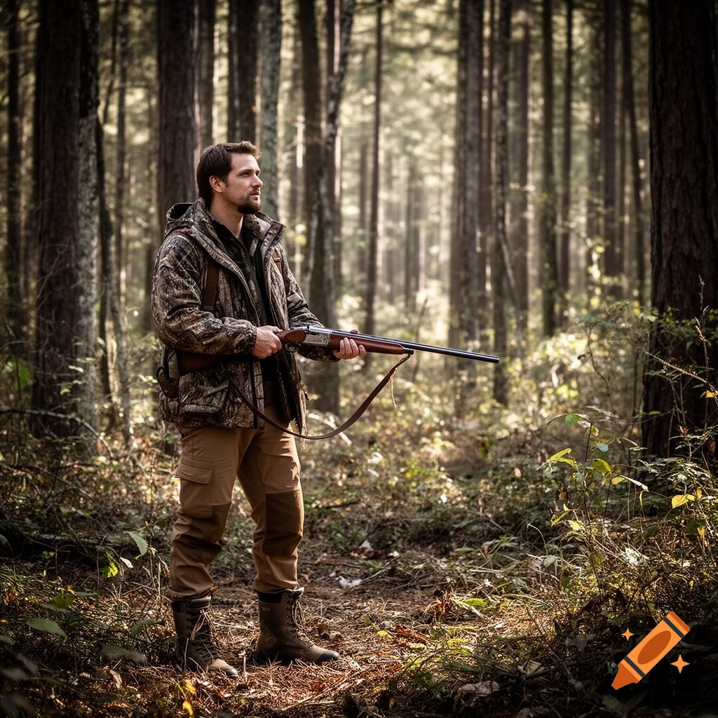 Photorealistic image of a man in camouflage holding a hunting rifle in a sunlit forest.