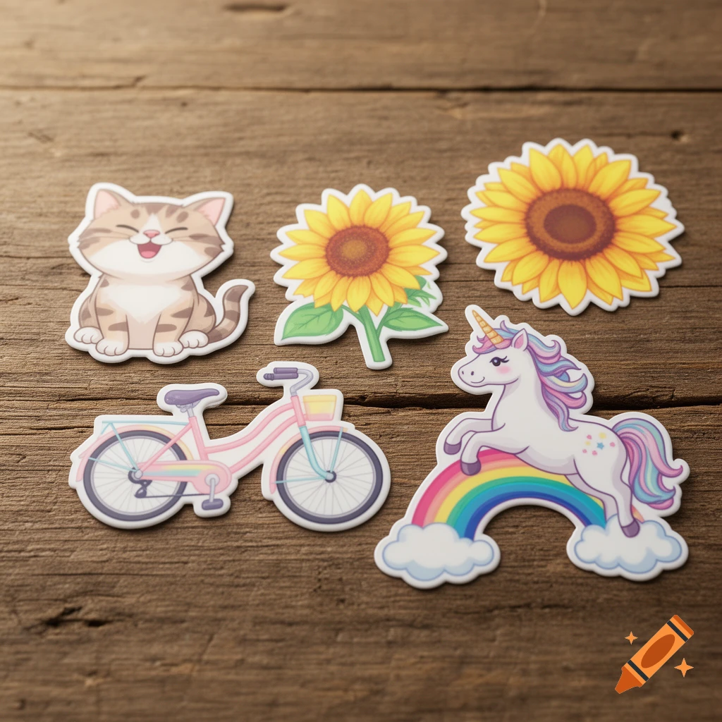 Collection of cute cartoon stickers on a wooden surface, featuring a cat, sunflowers, a pink bicycle, and a unicorn on a rainbow.