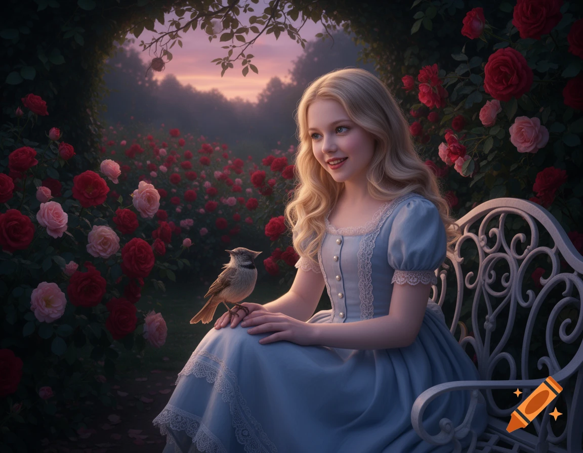 A young blonde girl in a blue dress sits on a white bench in a lush rose garden, gently holding a bird, with a soft sunset sky.