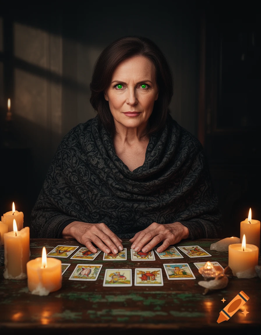 Photorealistic portrait of a middle-aged fortune teller with glowing green eyes, sitting at a table with tarot cards and lit candles in a dim, mystical setting.